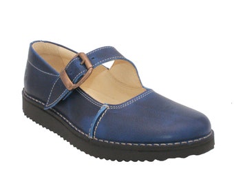 Chaussures en cuir surpiquées Oxygen Mary Jane Bonn 2 Bleu cobalt