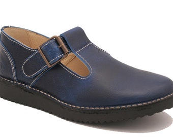 Oxygen Stitch Down T Bar Leather Shoe Cologne Blue