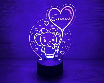 Personalisierte LED Nachtlampe aus Acryl in süßer Elefantenoptik für Mädchen, Gute Nacht Nachttischlampe, Babygeschenk, Geburt, Taufgeschenk