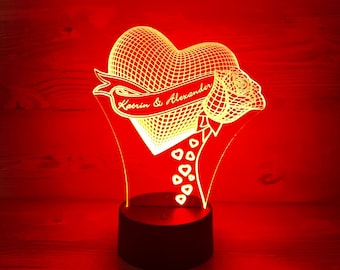 Personalisierte LED Nachtlampe aus Acryl in Herz Optik mit Rose, Valentinstag, Nachttischlampe, Jahrestag, Geburt, Taufgeschenk, Love