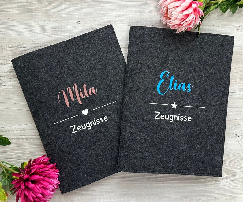 Personalized felt folder in gray Gift Certificate folder Baptism folder Photo folder souvenir folder Grandma Mom Dad Family Back to school image 1