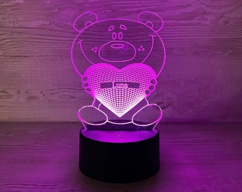 Personalized LED teddy bear night lamp made of acrylic, bedside lamp, baby gift, birth, baptism gift, boys, girls gift, love