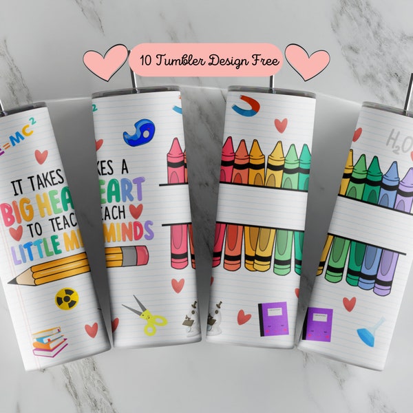 20 oz Skinny Tumbler Rainbow Glitter Crayon Teacher Tumbler Big Heart to Teach Little Minds Sublimation Design PNG