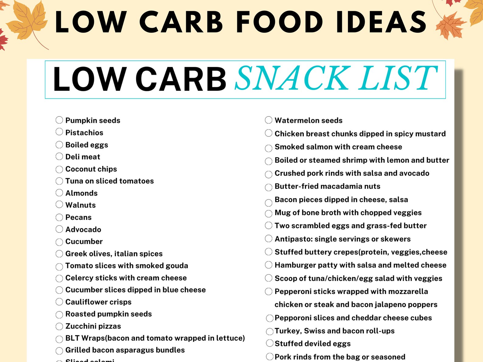 Low Carb Snack List Printable Low Carb Meal Planner Low Etsy Low Carb Snack List Printable Low Carb Meal Planner Low Etsy