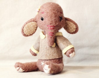 Handmade pink elephant puppet in felt, nature plush elephant wool felted by needle, animals doll collection miniature dress