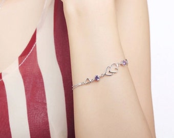 Plata de ley, Nueva moda, Pulsera de encanto corazón a corazón, Lindo vintage, Joyería Super Flash, Cristal púrpura, Regalo de San Valentín
