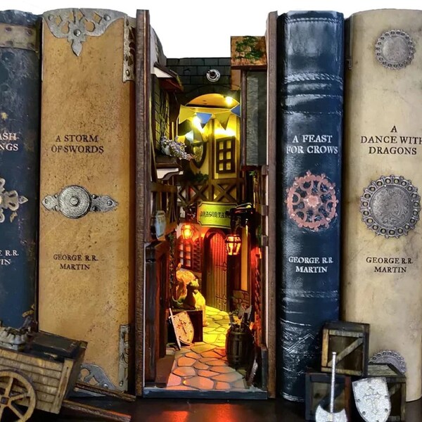 Fantasy Bookshelf Insert Wooden Book Nook Decor Japanese Alley / Medieval Alley / Italian Café and Pizzeria / Wicked Wizardry