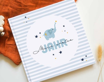 Babybuch „Mein erstes Jahr“ | Fotoalbum Baby | Babyalbum zum Ausfüllen | Geschenk zur Geburt | Babyalbum 1. Jahr | Junge | Elefant