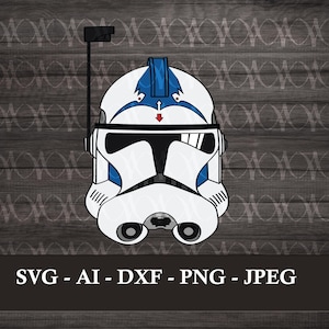 May include: A white and blue clone trooper helmet graphic with a black visor, a rangefinder antenna on the left side, and a small red arrow pointing downward on the forehead. The text SVG - AI - DXF - PNG - JPEG is displayed below the helmet.