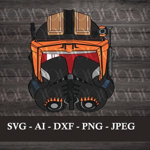 May include: A graphic illustration of a stylized orange and black helmet featuring a red visor, a central antenna, and a detailed faceplate design. The text SVG - AI - DXF - PNG - JPEG is displayed in white at the bottom of the image.
