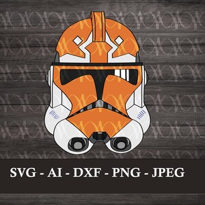 May include: A graphic illustration of a clone trooper helmet featuring a vibrant orange and white color scheme with black accents. The helmet design includes a T-shaped visor, a central fin, and geometric markings. Text below reads SVG - AI - DXF - PNG - JPEG.