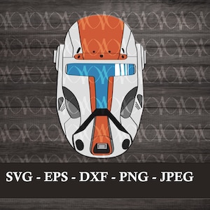 May include: A white and orange helmet with a blue visor. The helmet has a design that resembles a face mask.