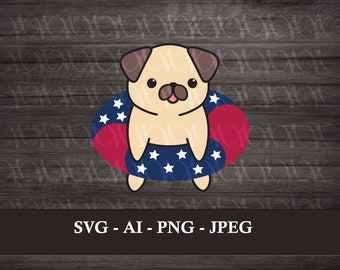 Pug Independence Day Digital Vinyl Decal for Car, Laptop, Cell Phone, Water Bottle, Journal, T-shirts, Stickers SVG