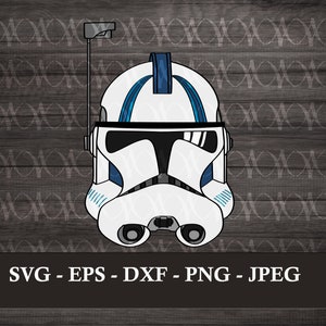 May include: A white and blue Star Wars clone trooper helmet with a blue stripe down the center. The helmet has a visor and a small antenna on top.