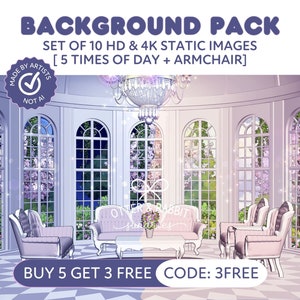 May include: A set of 10 high definition and 4K static images of a white, round room with large windows and an armchair. The room is decorated with a chandelier and flowers. The images are available in five different times of day. "BUY 5 GET 3 FREE CODE: 3FREE" is written at the bottom of the image.