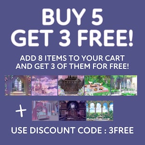 May include: Buy 5 get 3 free! Add 8 items to your cart and get 3 of them for free! Use discount code: 3FREE.  A collage of 8 images of different fantasy themed backgrounds.