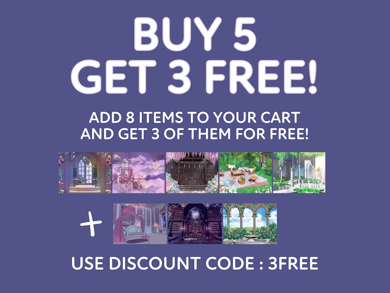 May include: Buy 5 get 3 free! Add 8 items to your cart and get 3 of them for free! Use discount code: 3FREE.  A collage of 8 images of different fantasy themed backgrounds.