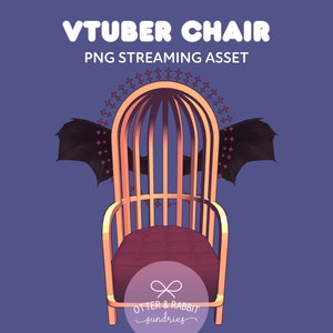May include: A gold cage-like chair with a red and black bat wing design. The chair has a red cushion and a white logo that says "Otter & Rabbit Sundries".
