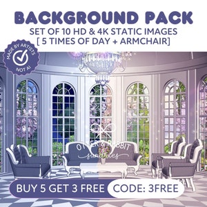 May include: A set of 10 high-definition and 4K static images featuring a white and gray room with a large chandelier, arched windows, and an armchair. The room has a checkered floor and the windows look out onto a garden with pink flowers. The text "BUY 5 GET 3 FREE CODE: 3FREE" is at the bottom of the image.