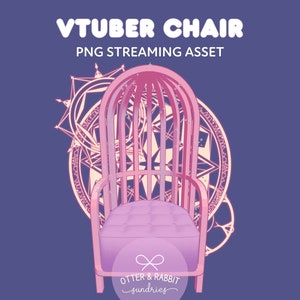May include: A pink and white VTuber chair with a decorative back and a cushioned seat. The chair is set against a background of a pink and white magical circle.