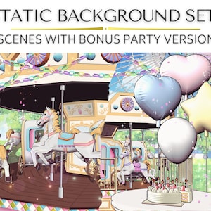 Może przedstawiać: Zestaw cyfrowych teł z karuzelą z białymi końmi i sceną imprezową z balonami i ciastem. Tekst brzmi "STATIC BACKGROUND SET" i "5 SCENES WITH BONUS PARTY VERSIONS".