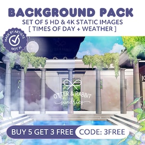 May include: Digital background pack featuring a classical architectural scene with columns, a pool, and lush greenery. The image includes text that reads "BACKGROUND PACK" and "SET OF 5 HD & 4K STATIC IMAGES".