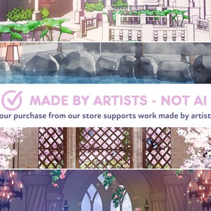 May include: A digital illustration of a Japanese-style building with a hot spring bath, a cherry blossom tree, and a chandelier. The text "MADE BY ARTISTS - NOT AI" is displayed on a pink banner. The text "Your purchase from our store supports work made by artists!" is displayed below the banner.