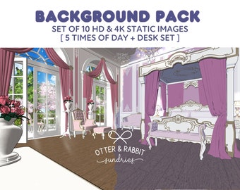 May include: A digital illustration of a pink and white bedroom with a four-poster bed, a pink armchair, and a window with a view of a cherry blossom tree. The text "BACKGROUND PACK SET OF 10 HD & 4K STATIC IMAGES [5 TIMES OF DAY + DESK SET] OTTER & RABBIT sundries" is at the top of the image.