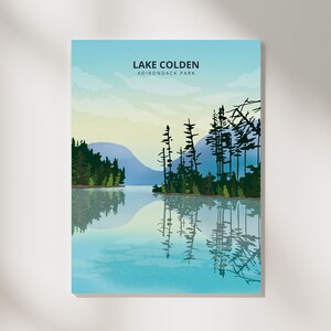 May include: A digital illustration of a lake with mountains in the background. The lake is surrounded by trees and the water is reflecting the sky and trees. The text "LAKE COLDEN" and "ADIRONDACK PARK" is at the top of the image.