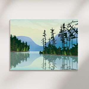 May include: A canvas print depicting a serene lake scene. The artwork features a tranquil lake reflecting the surrounding trees and mountains. The color palette includes shades of green, blue, and yellow, creating a peaceful landscape.