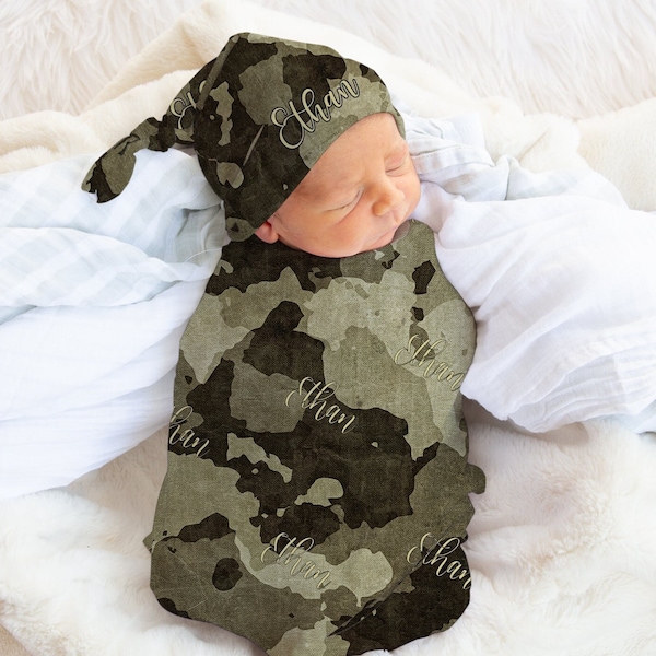 Precious Personalized Camo Baby Blanket , Swaddle Set with Hat , Custom Camouflage Baby , Baby Hospital Outfit Boy , Hunting Blanket