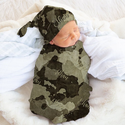Precious Personalized Camo Baby Blanket Swaddle Set With Hat Etsy