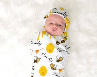 Honey Bee Baby Blanket , Personalized Swaddle with Hat , Custom Name Baby Blanket , Newborn New Baby Gift , Bee Baby Shower Theme Gift