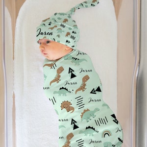 Dinosaur Swaddle Set , Personalized Baby Blanket Dinosaur , Receiving Blanket with hat , Dinosaurs , Newborn Gender Neutral Swaddle