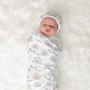 Rainbow Swaddle Newborn Set , Personalized Blanket For Baby Girl Boy , Gender Neutral Baby Shower , Boho Rainbow Swaddle With Hat , Nursery