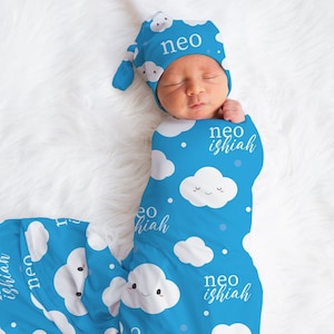 Cute Blue Cloud Baby Blanket , Personalized Swaddle Set Baby Boy , Blanket with Hat , Custom Baby Shower Gift , Blanket With Clouds ,