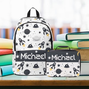Space School Backpack For Boys , Personalized School Bag For Kids with lunchbox , Outerspace Children Back Pack , Back To School Book Bag