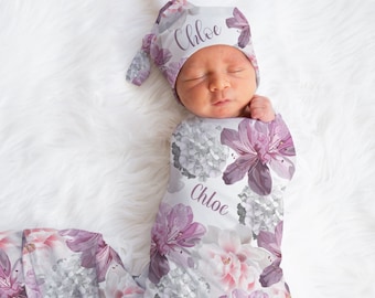 Baby Girl Swaddle Personalized , Blanket with Hat and Bow , Custom Baby Shower Gift , Boho Flower Blanket Baby , Swaddle Set with Headband