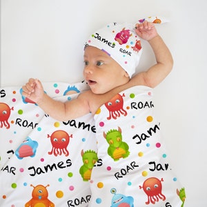 Cute Baby Blanket Personalized Boy , Monster Blanket , Swaddle Set and Hat , Custom Baby Gift , Baby Boy Minky Blanket , Monster Nursery