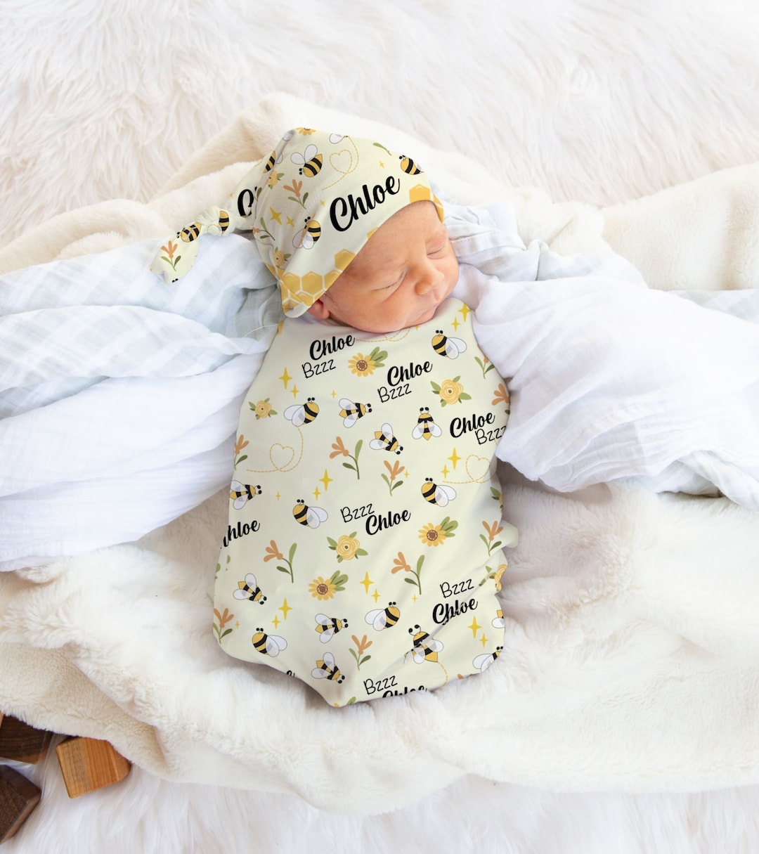 Bumble Bee Personalized Swaddle With Hat , Bee Baby Blanket , Custom