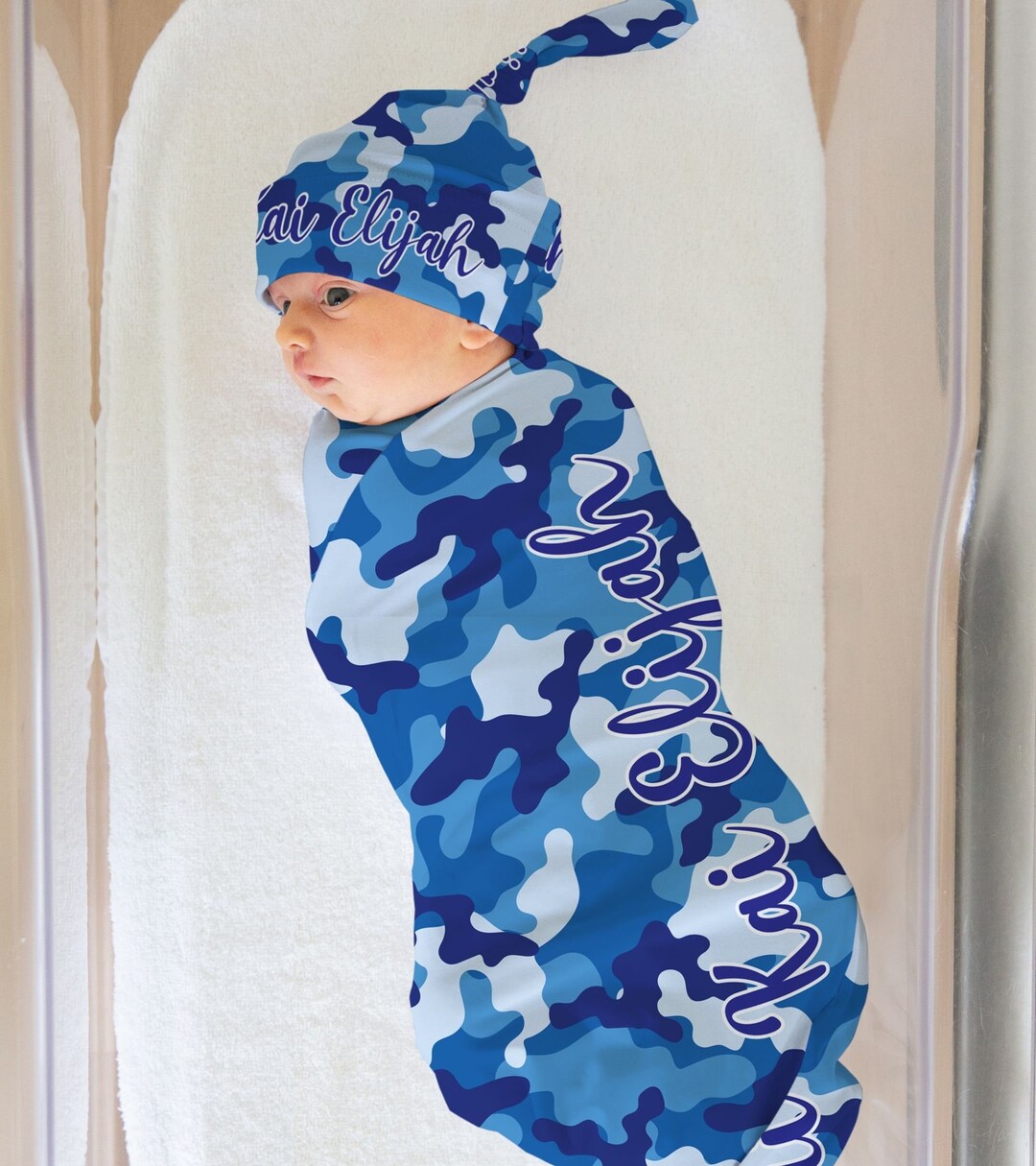 Blue Camo Baby Blanket , Personalized Swaddle Set With Hat and Bow , Custom Camouflage Hunting
