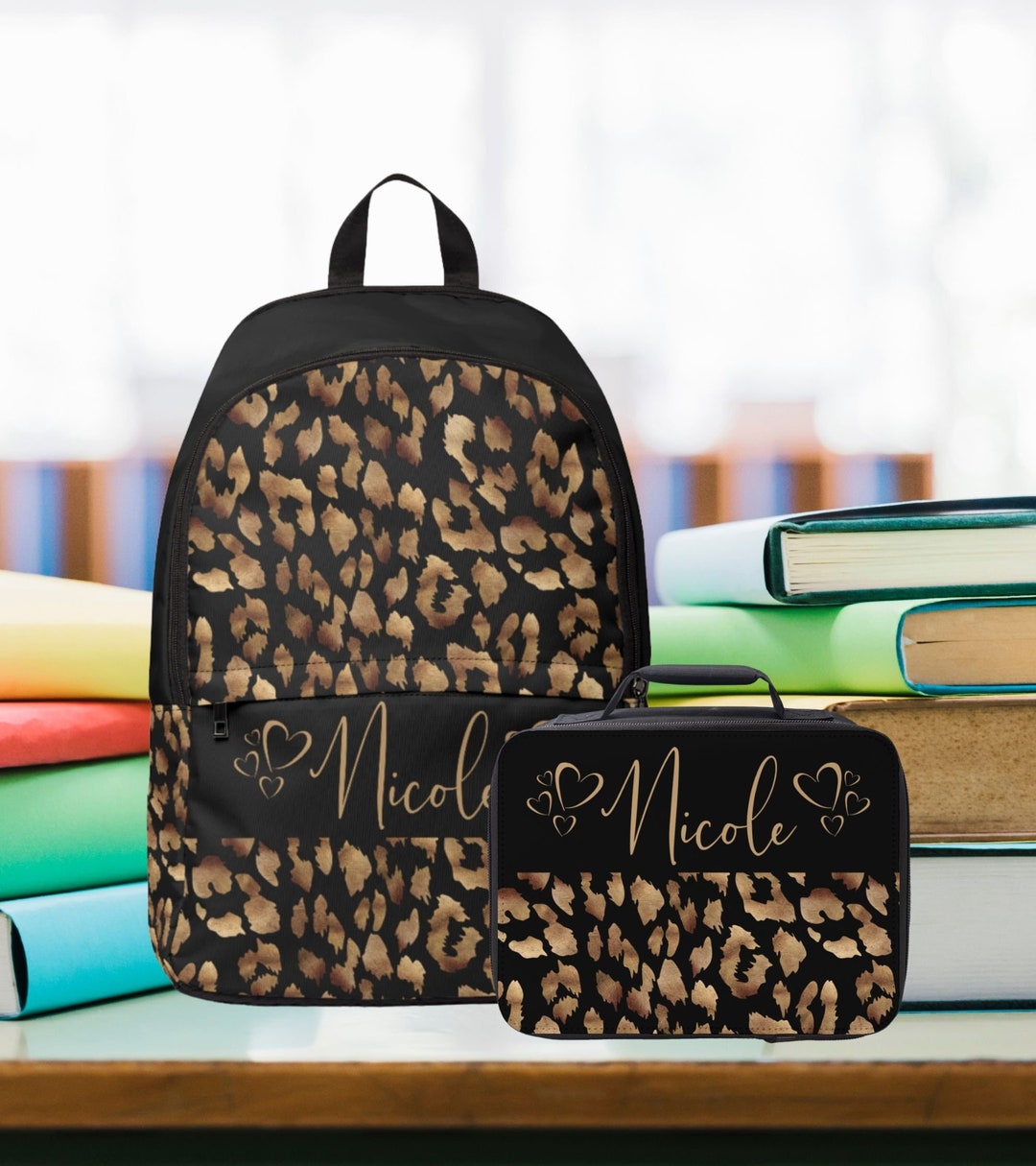 Cute Leopard Print School Backpack for Girls , Personalized School Bag for Kids With Lunchbox