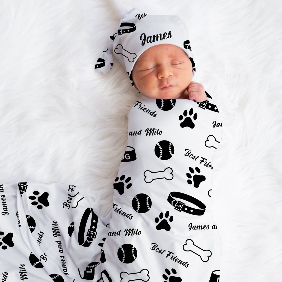 Cute Puppy Swaddle Set , Personalized Baby Blanket , Receiving Blanket