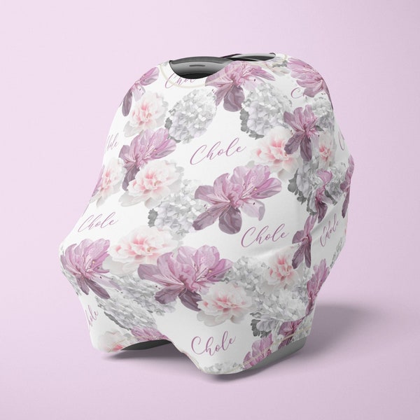 Cute Personalized Carseat Cover Girl , Purple Flower Carseat Canopy  , Baby Girl Privacy Cover , Breast Feeding Cover ,  Infant Cover