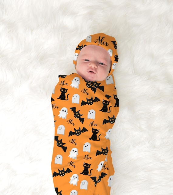 Orange Halloween Blanket for Baby Personalized Swaddle Set With Hat Customized October Baby Blanket Newborn Hospital Receiving Blanket Etsy