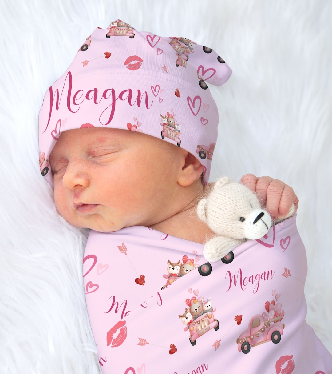 Baby Girl Valentine Swaddle Personalized , Blanket With Hat , Custom