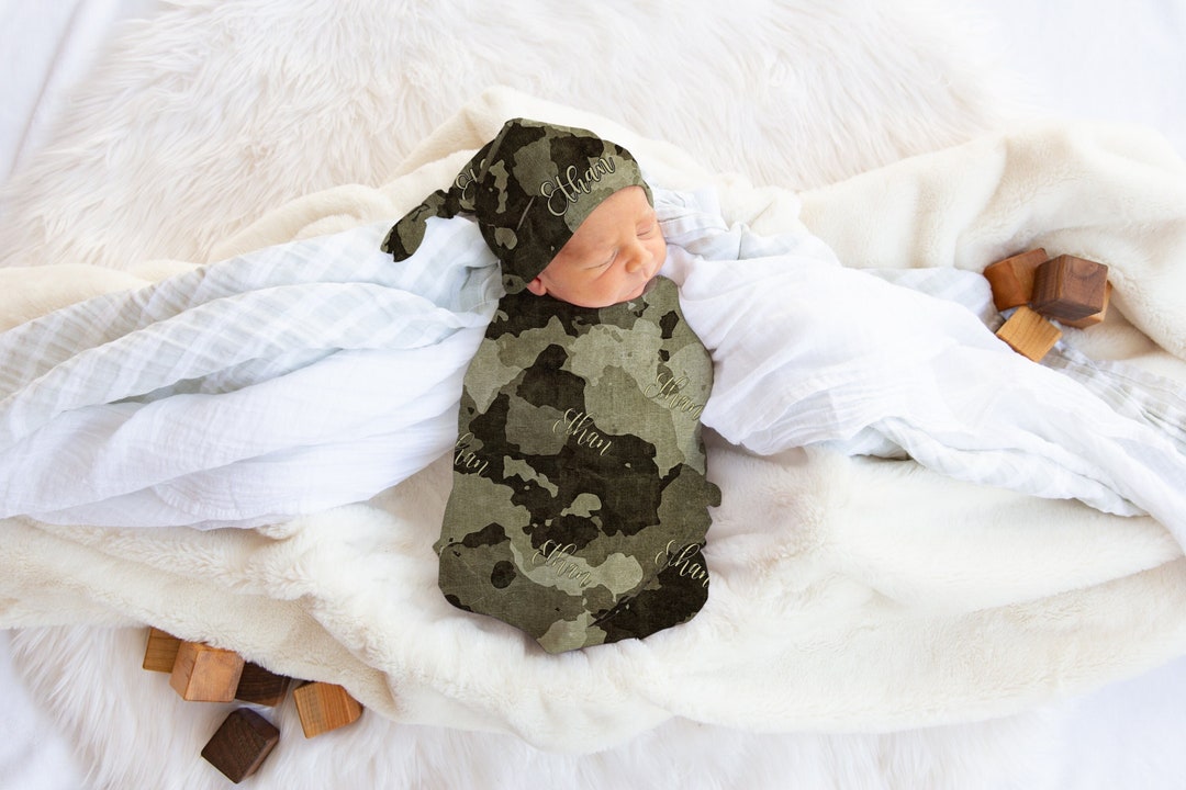 Precious Personalized Camo Baby Blanket , Swaddle Set With Hat , Custom Camouflage Baby , Baby