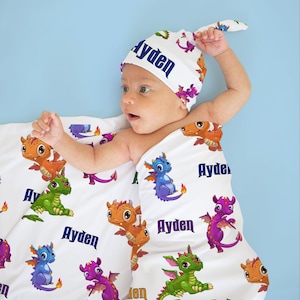 Cute Dragon Swaddle Blanket , Personalized Baby Blanket Boy , Receiving Blanket with hat , Dragons , Newborn Baby Gift , New Parent Gift
