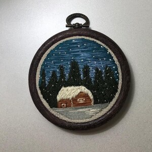 Mountain House Embroidered Winter Landscape | Wall Hanging Decor | Mother's Day Gift