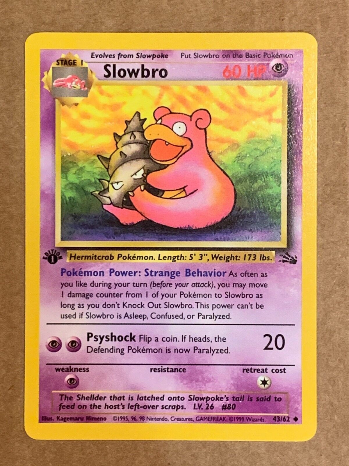 Pokemon Card Fossil 1st Edition Slowbro 43/62. WoTC Vintage